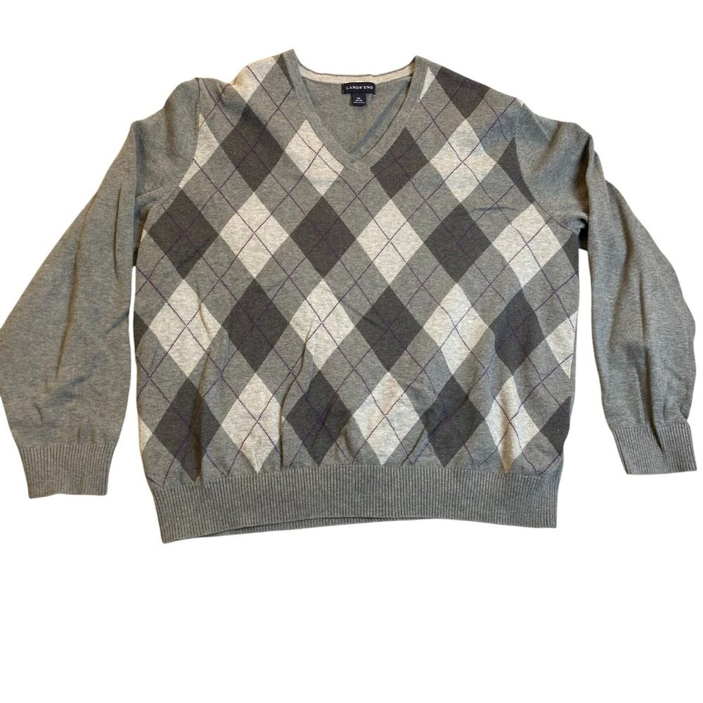 Lands End Mens Sweater XL Argyle V-Neck Gray Long Sleeve Cotton Blend Classic St